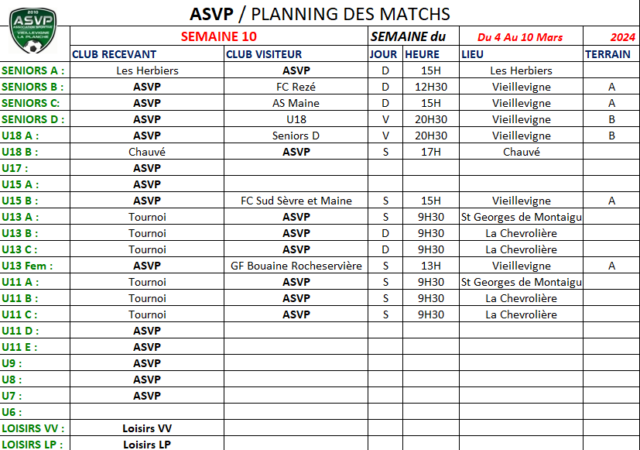 Planning semaine 10 du 4 au 10 Mars 2024 - Site Web de l'ASVP Football Club